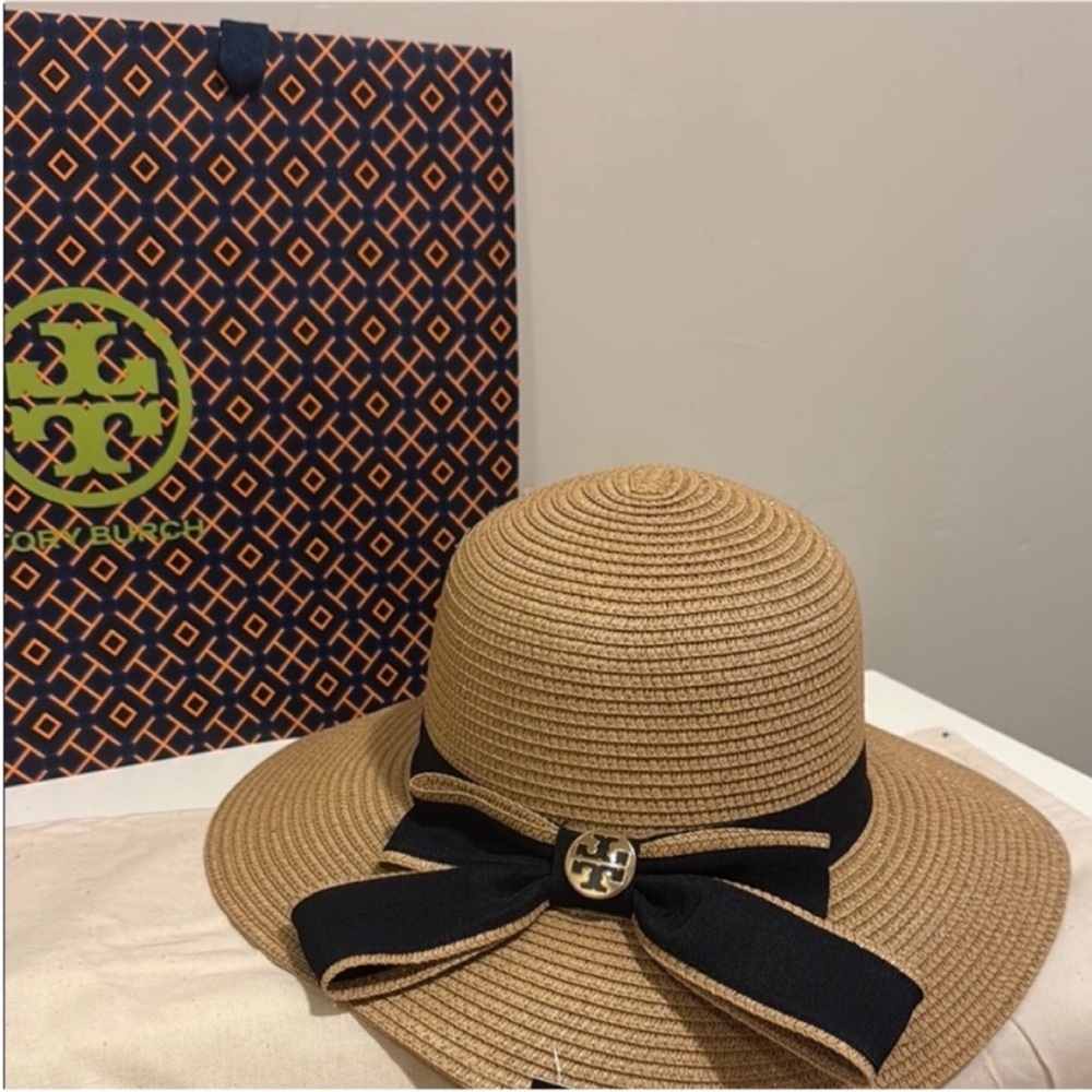 Tory Burch Tan Straw Sun Hat with Black Bow and Gold Logo